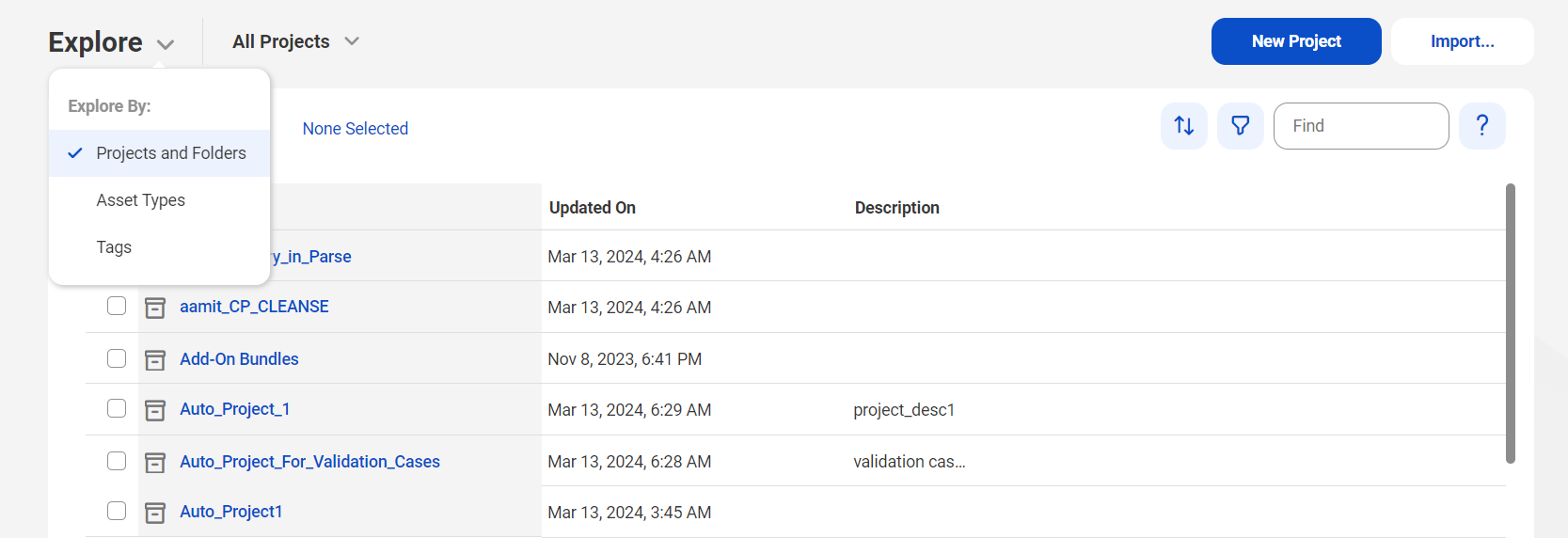 The image shows the Explore By options in the upper left corner of the Explore page and the New Project option in the upper right corner of the page.