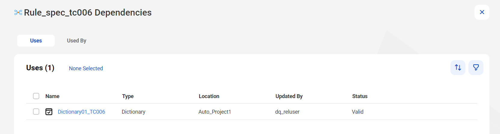 The image shows that the rule specification uses a dictionary. The page shows the Name, Type, Location, Updated By, and Status columns for each dependency.