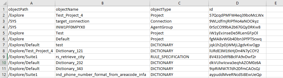 The export spreadsheet includes columns for the path, name, type, and ID for each object.