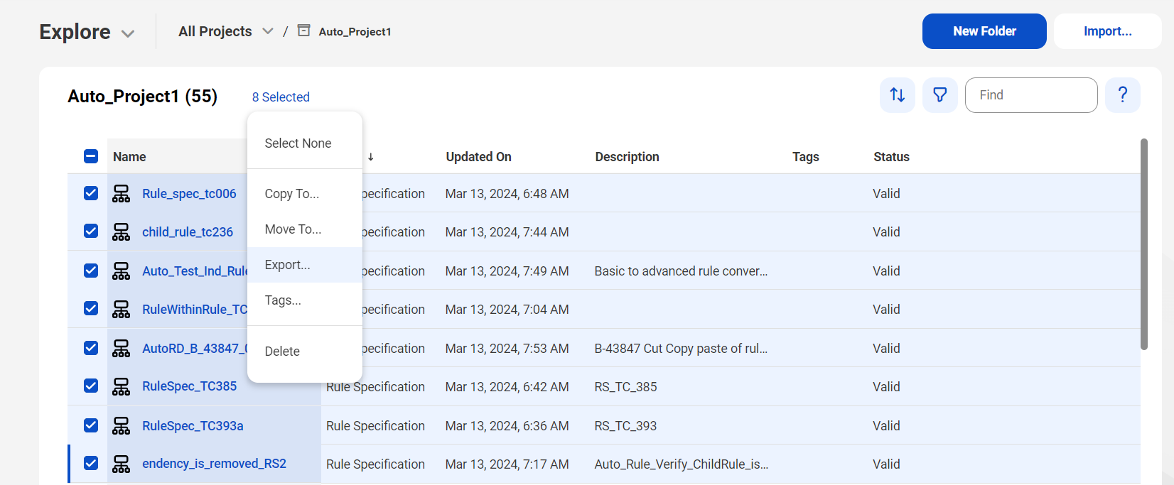 The image shows the assets in the default project, and all of the assets are selected on the Explore page. In addition to the export option, the selection menu shows options to copy, move, tag, and delete the selected assets.