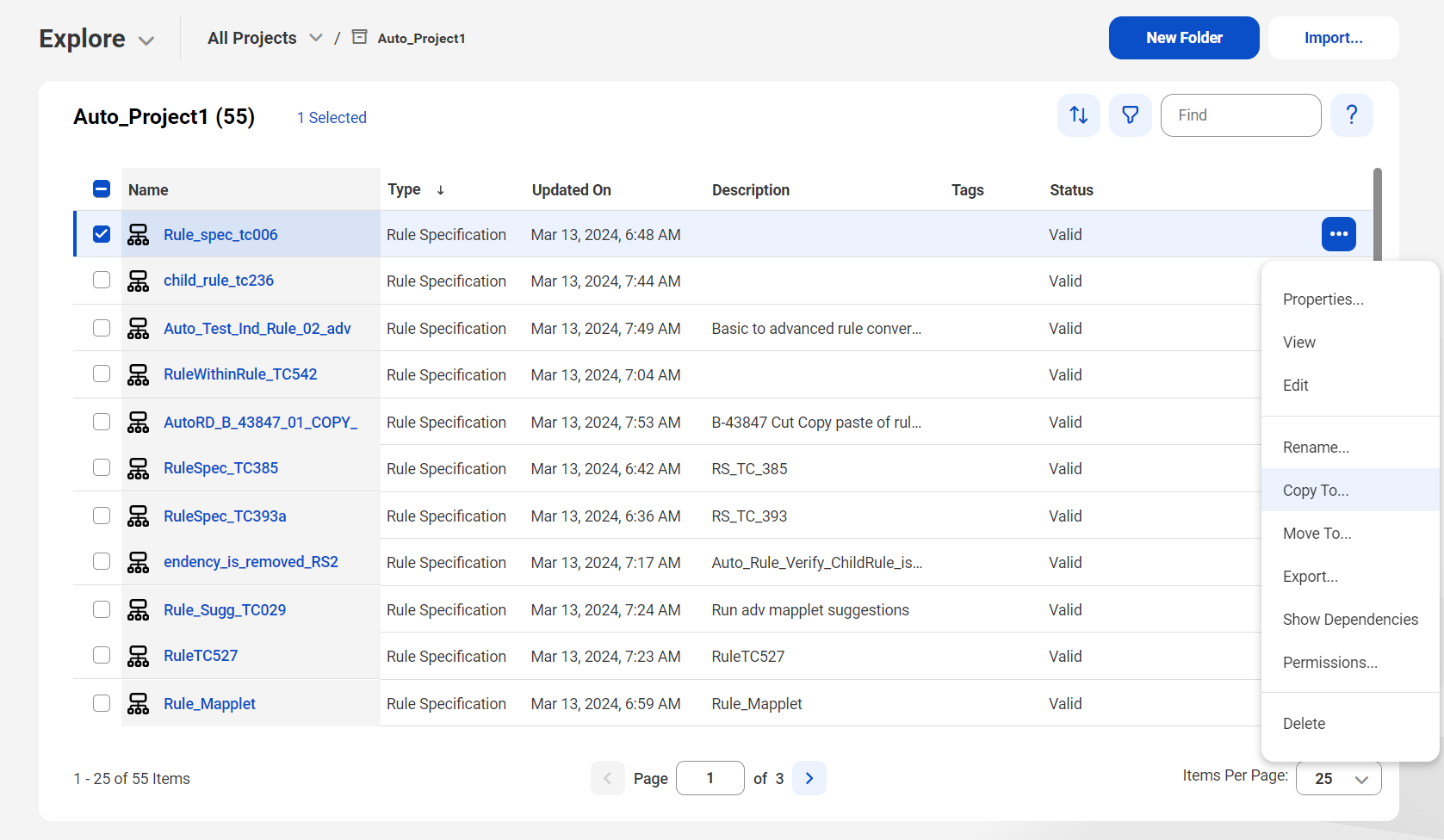 The image shows the Actions menu for the highlighted asset that includes the option to copy the asset.