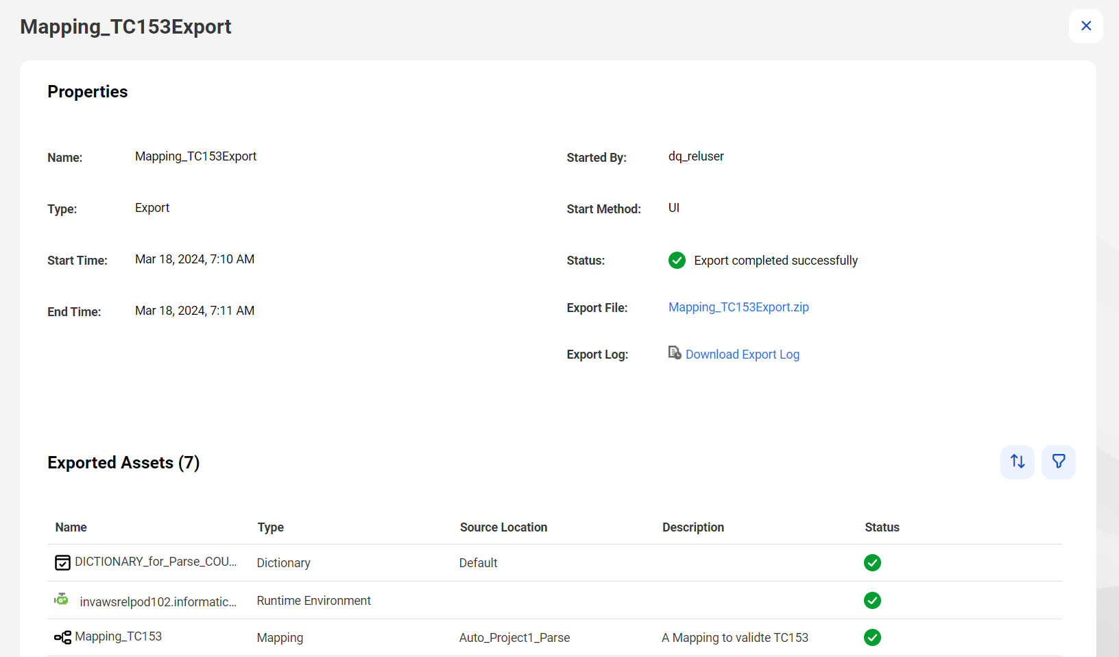 The image shows the export notification page that lists the assets that you exported in the job. The asset list matches the assets in the export spreadsheet. The export notification includes a link that you can use to download the export file.