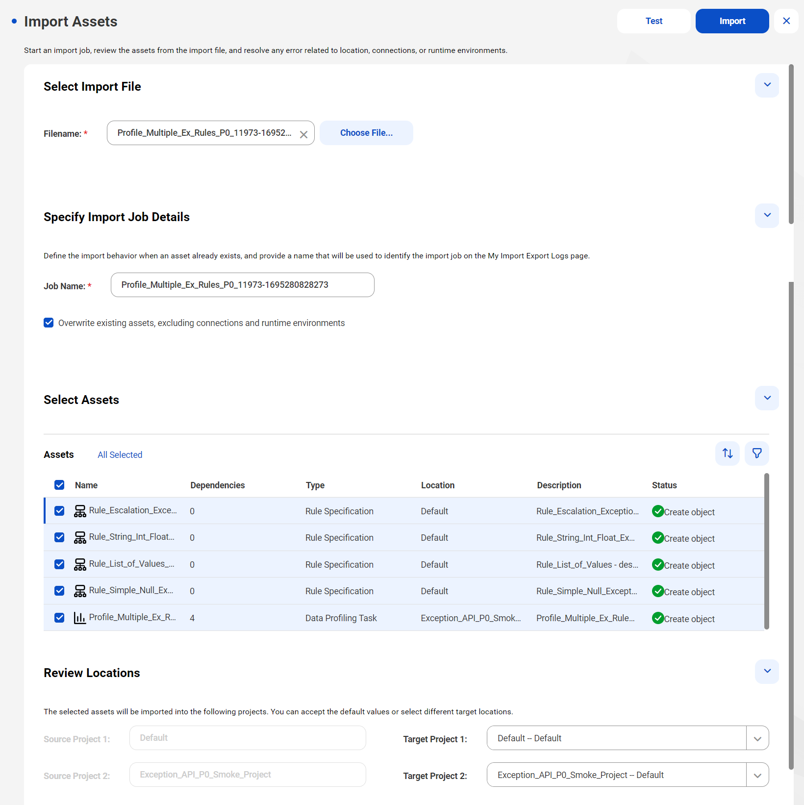 The image shows the assets to import and the projects to which the assets will be imported. The Status column shows that during the import, Informatica Intelligent Cloud Services overwrites assets with the same name in the target locations.
