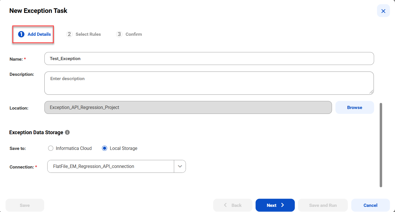 The image depicts the options in the Add Details tab of the New Exception Task dialog box.