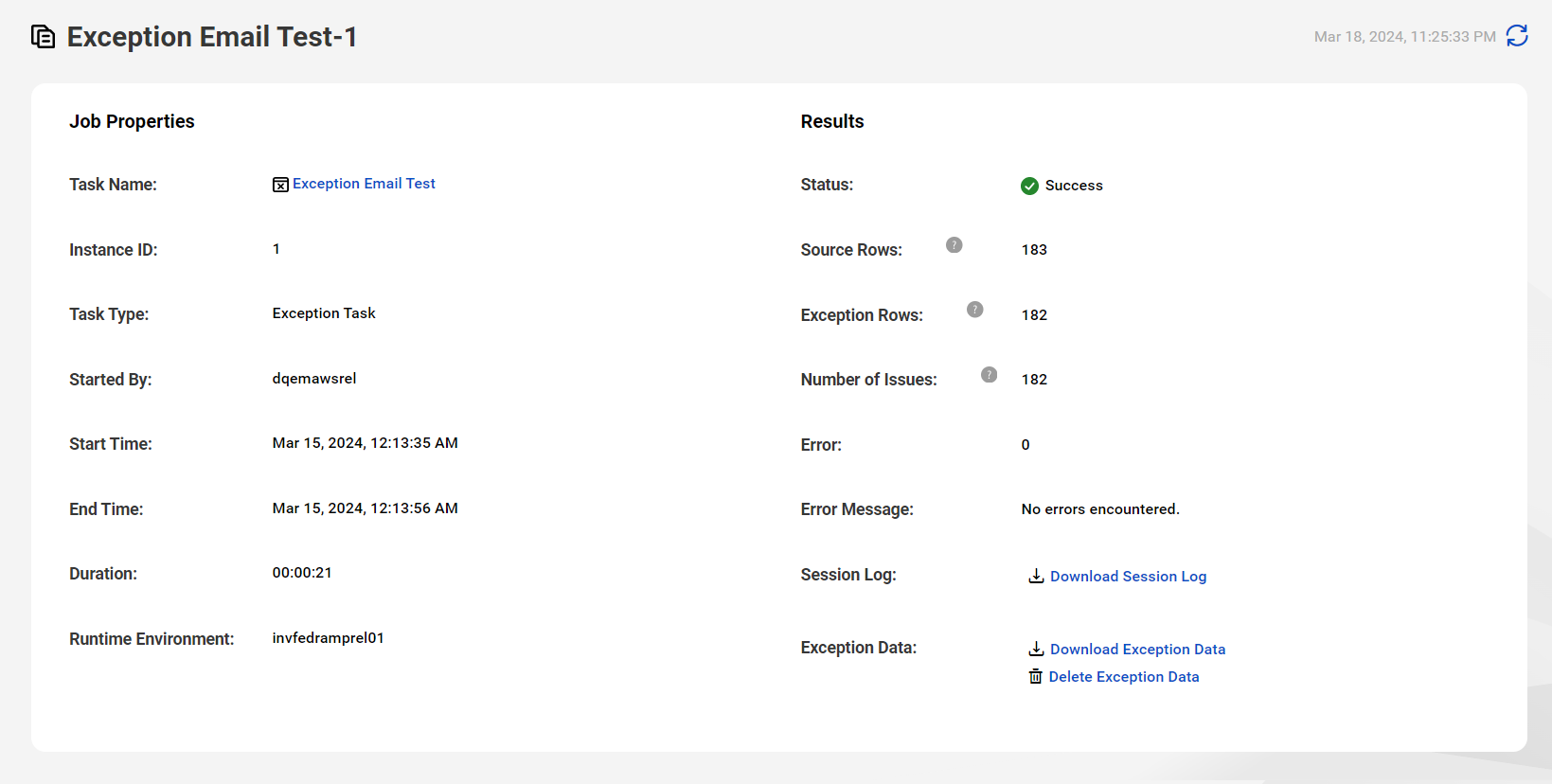 The image shows the job details of an exception job.
