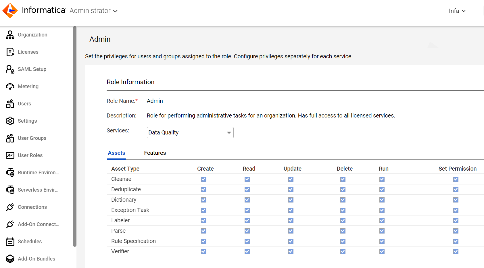 The image shows the Data Quality assets and their privileges that have been configured for the user role that you selected.