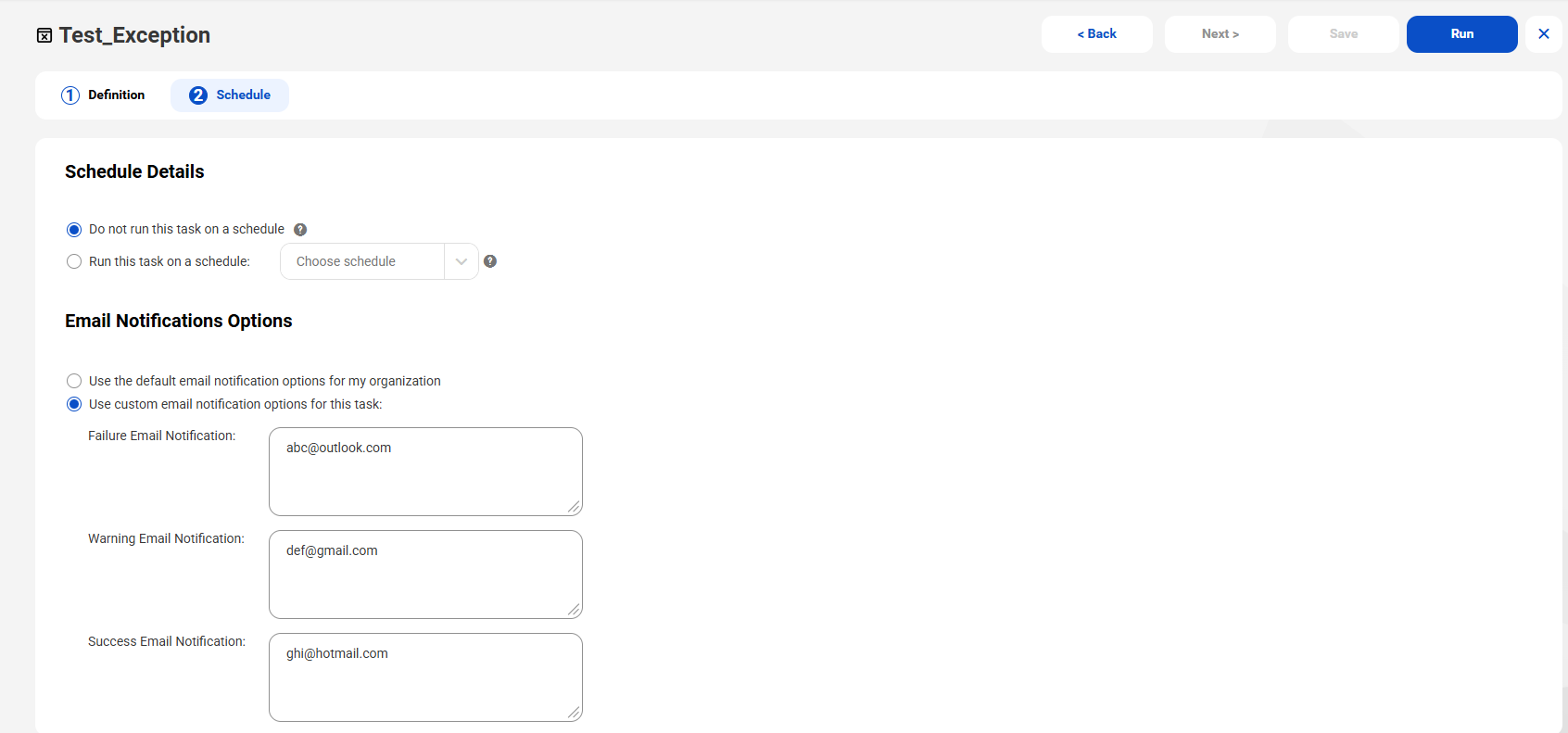 The image depicts the Save and Run options for an exception task.