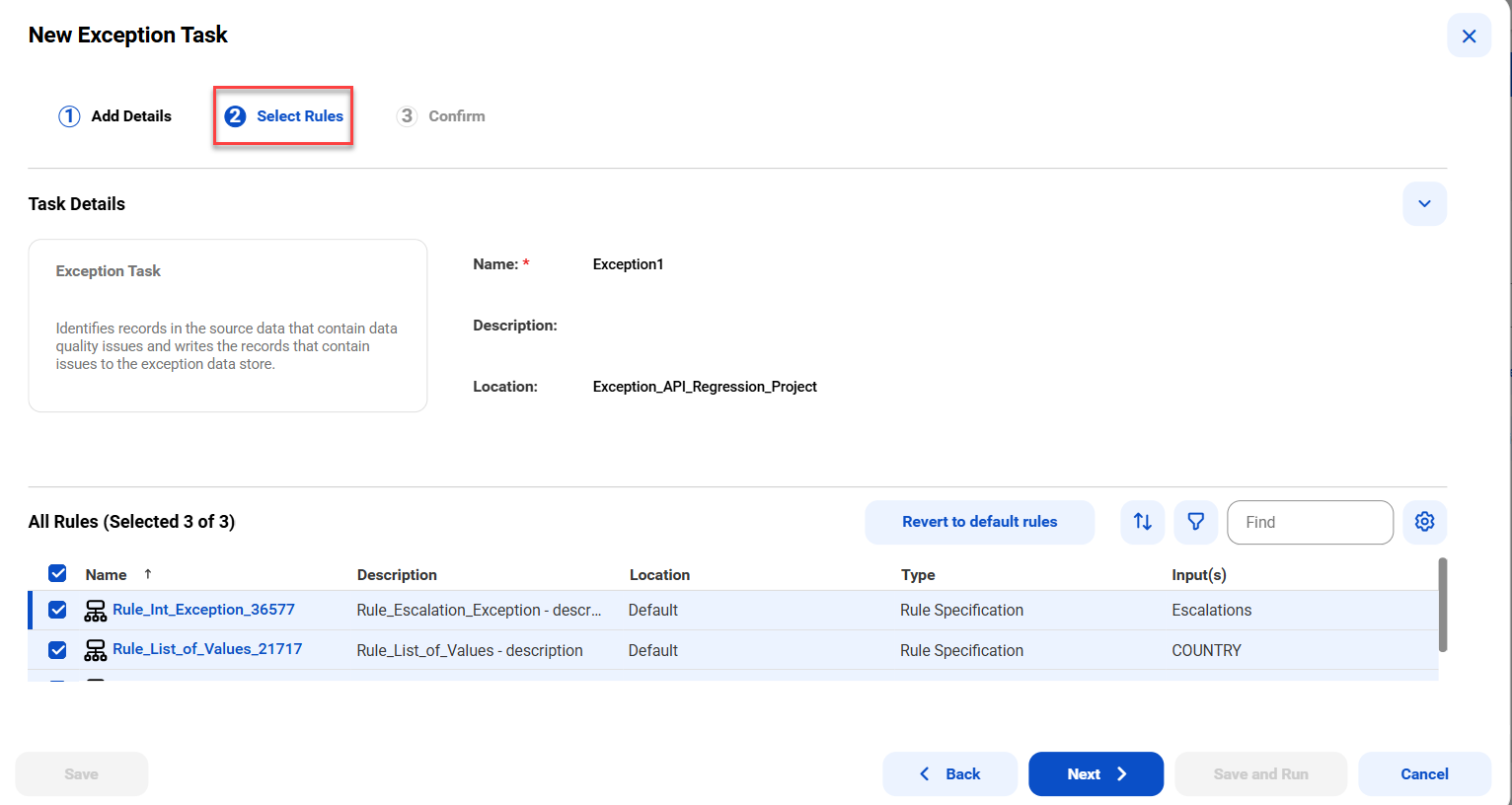 The image depicts the Select Rules option in the New Exception Task dialog box.