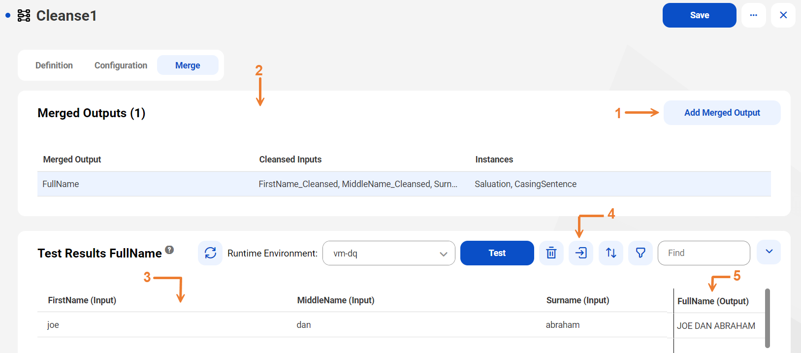 The image shows the Merge tab of a cleanse asset. The tab displays the merge field records and the test panel.