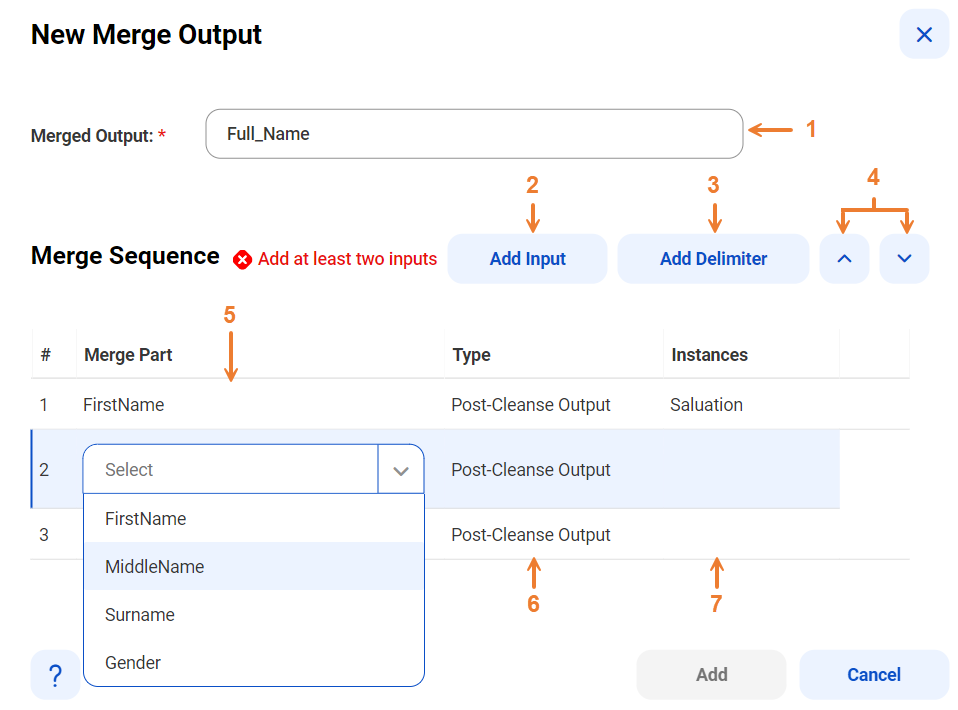 The Merge dialog box shows the options that you configure to add a merge field record.