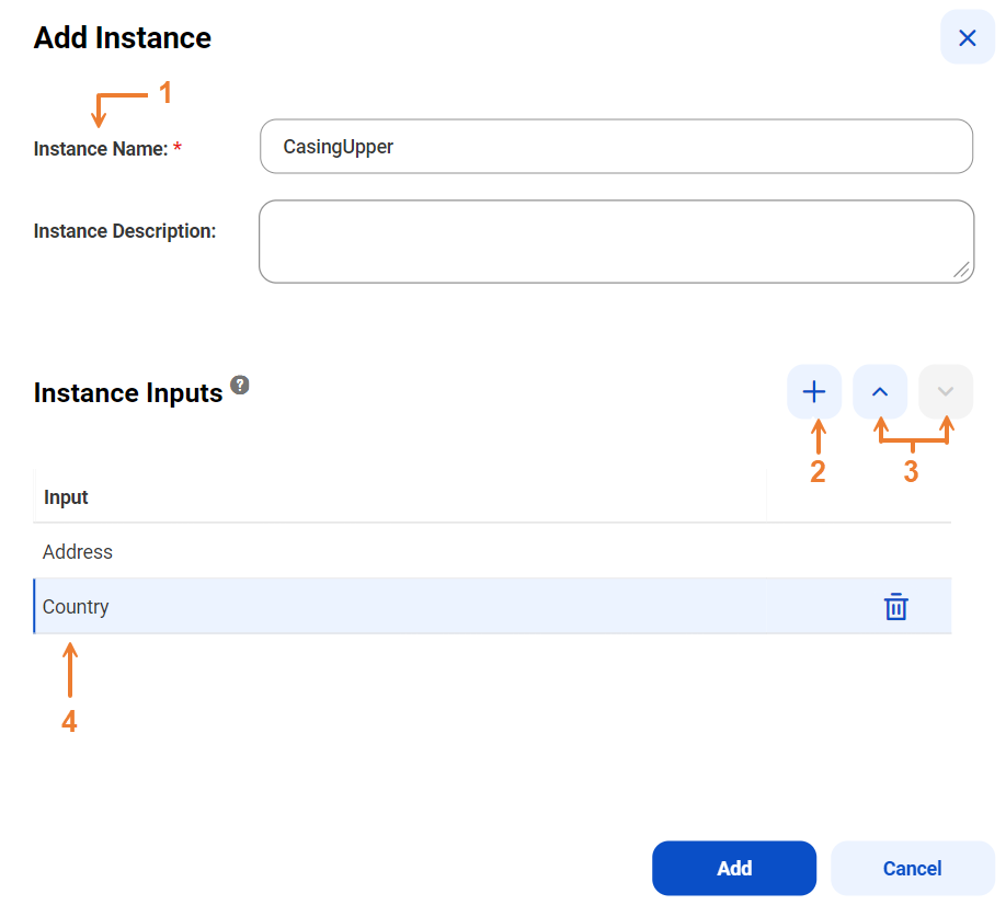 The Add Instance dialog box shows the options that you configure to add the input fields to an instance.