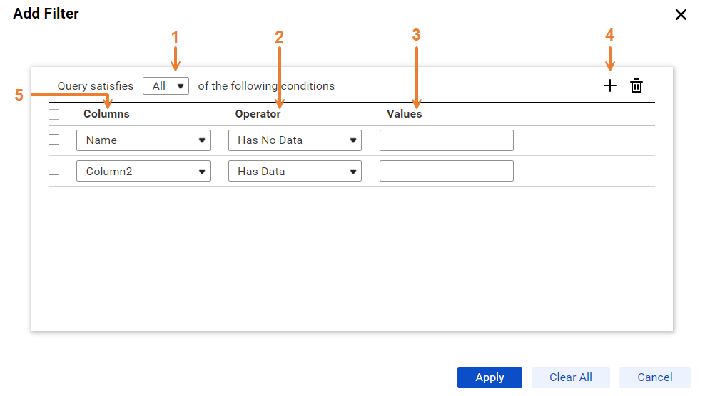 The filter query options appear in a dialog box that lists the query conditions that you define on individual rows.