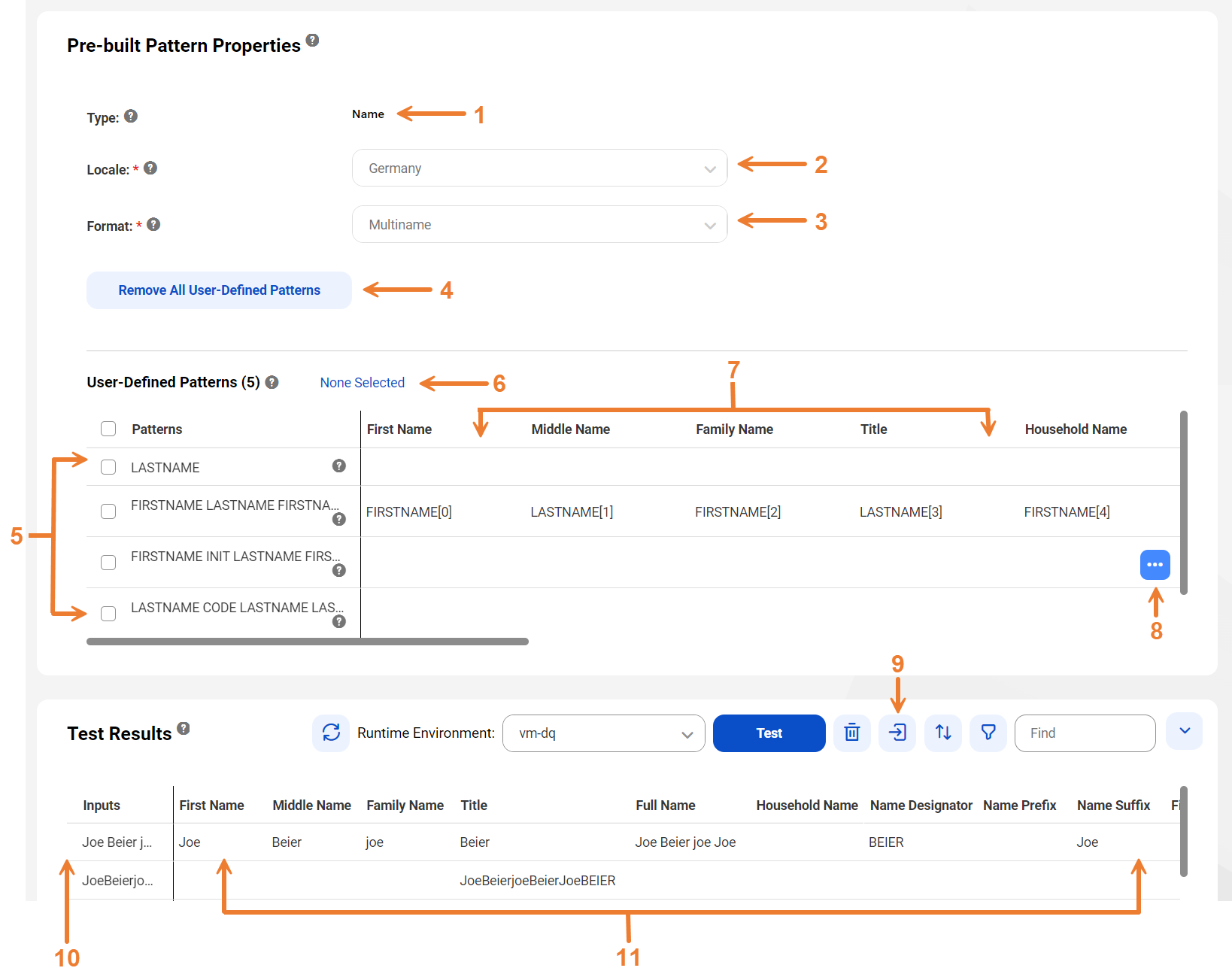 The image shows the pattern-based parsing options on the Configuration tab, including the type of parsing operation, the user-defined pattern options, and the test pane that can demonstrate the current pattern logic for any input data that you provide.