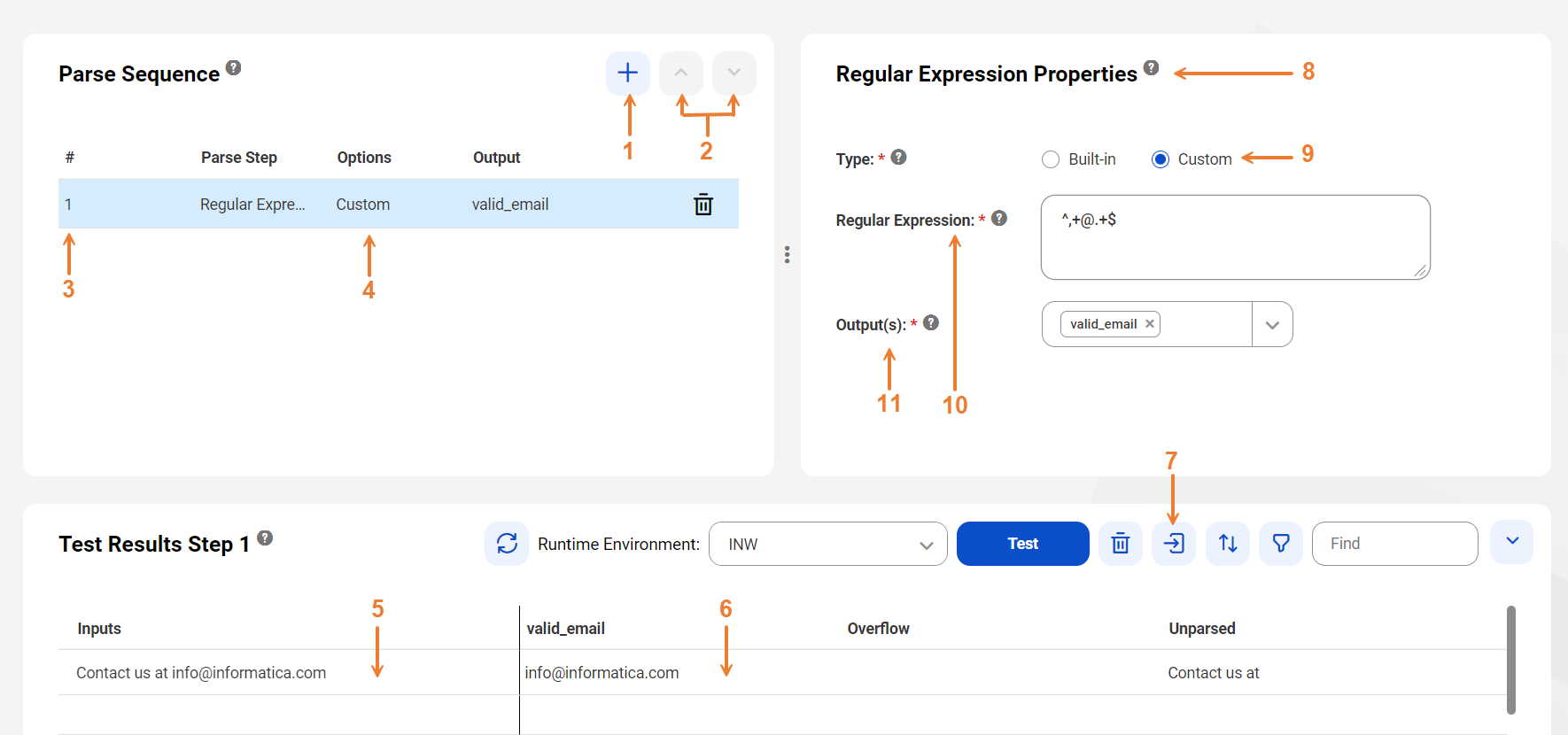 The image shows the list of steps in the parse sequence, the regular expression properties, the test panel, and the run-time environment options.