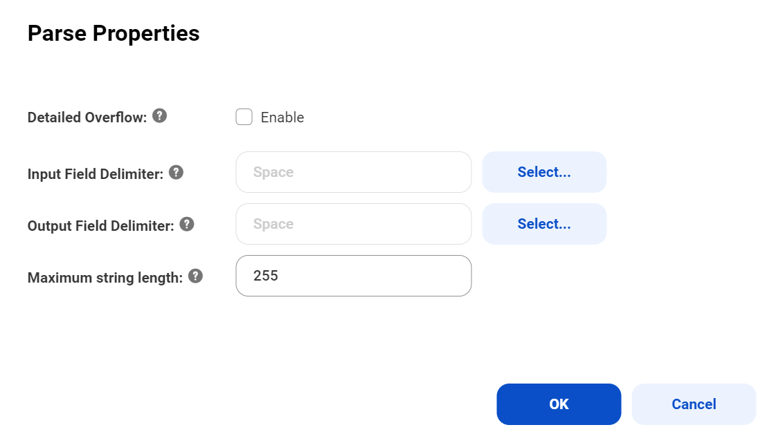 The dialog comprises a text field for the maximum string length, a check box for detailed overflow, and additioinal options for the input and output delimiters.