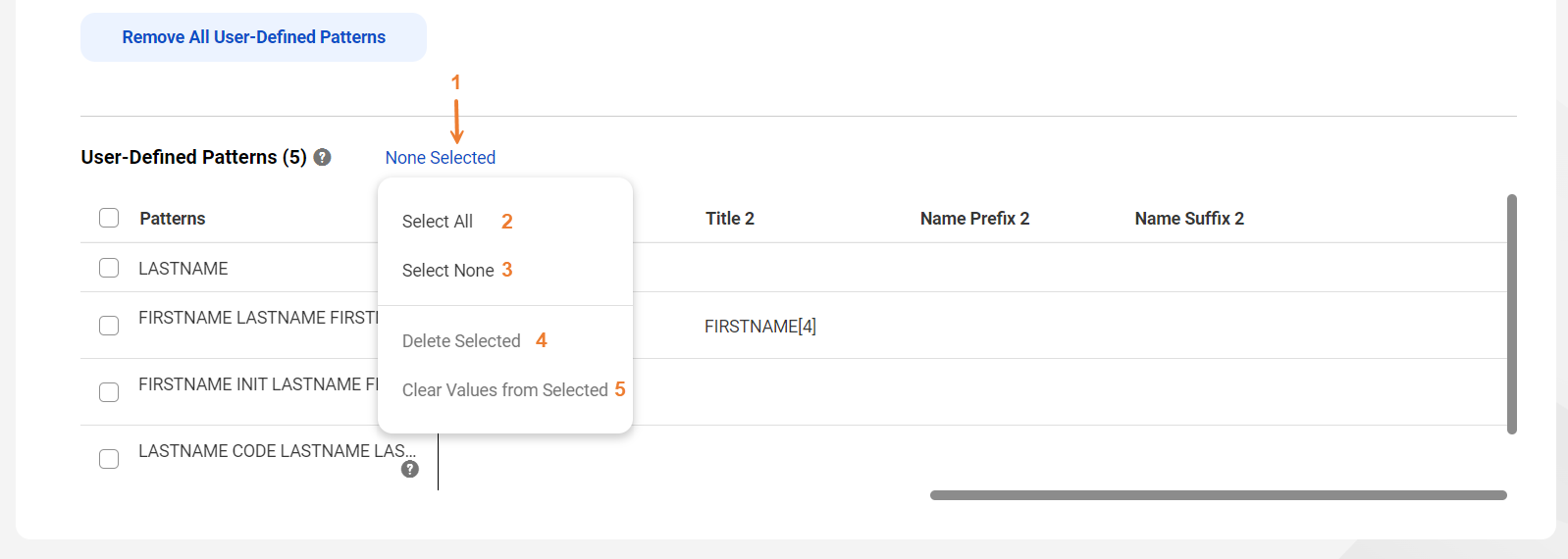 The image shows the pattern properties menu that lists the pattern selection options.