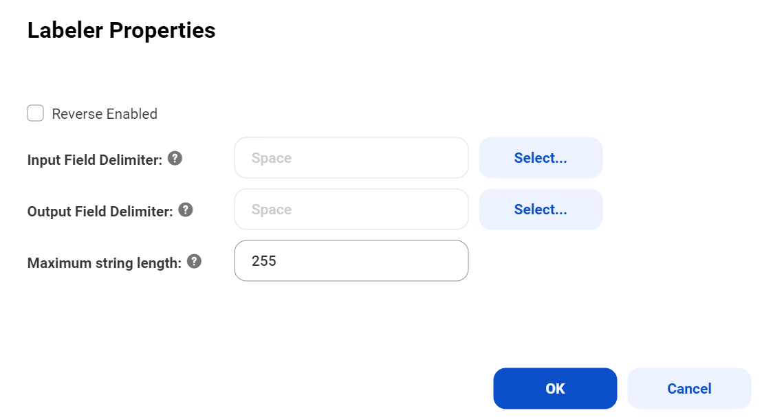 The dialog box shows the properties that you can specify in a labeler asset.