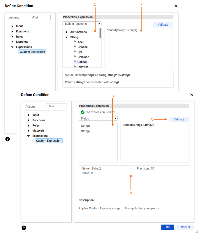 The image shows the options that you configure to add and validate a custom expression.