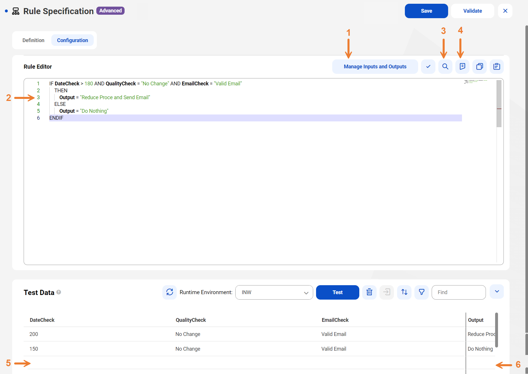 The image shows the Configuration tab of a rule specification asset in advanced mode.