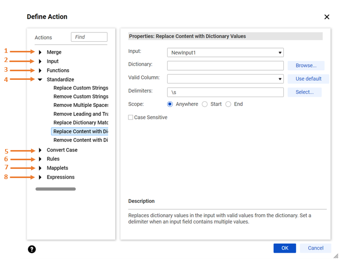 The dialog box shows the types of action that you can perform in the left-hand pane. You select the type of action, and you configure the action in the right-hand pane.