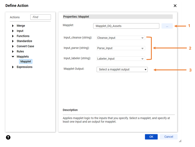 The image shows the mapplet options in the Define Action dialog box. The selected mapplet specifies a multiple inputs and a single output.