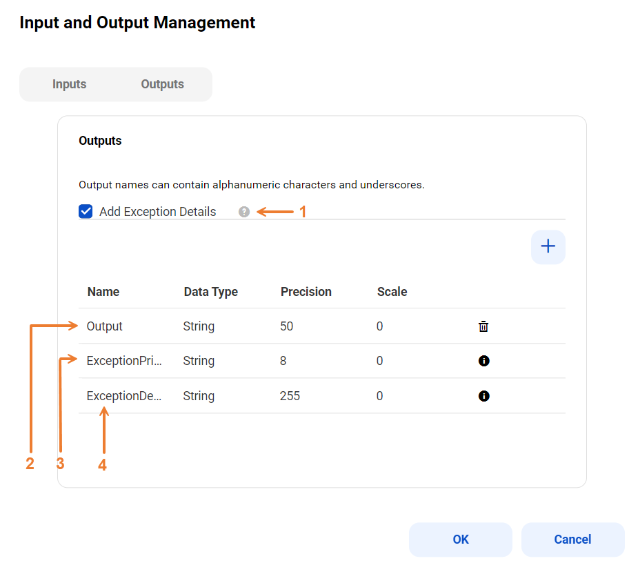 The dialog box shows the exception data options that you can configure for one or more status values in rule logic.