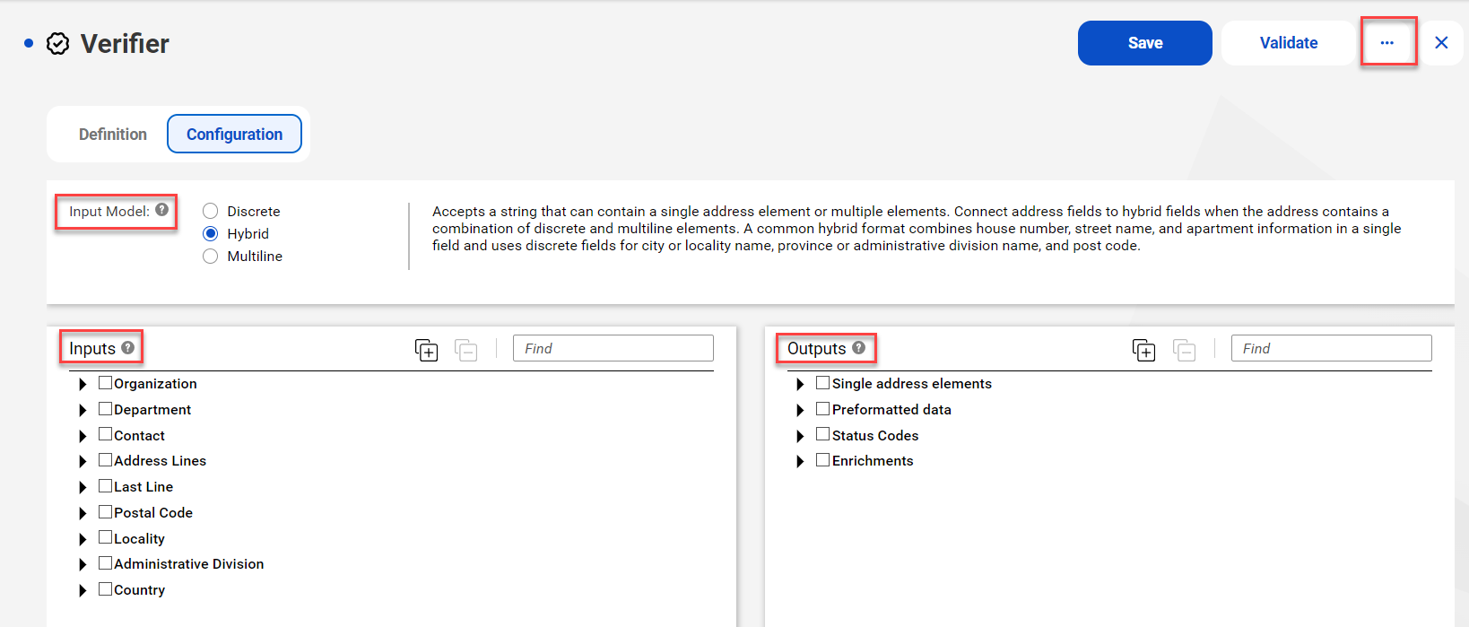 Image showing the input models that you can choose, and the input and output elements that you can select.