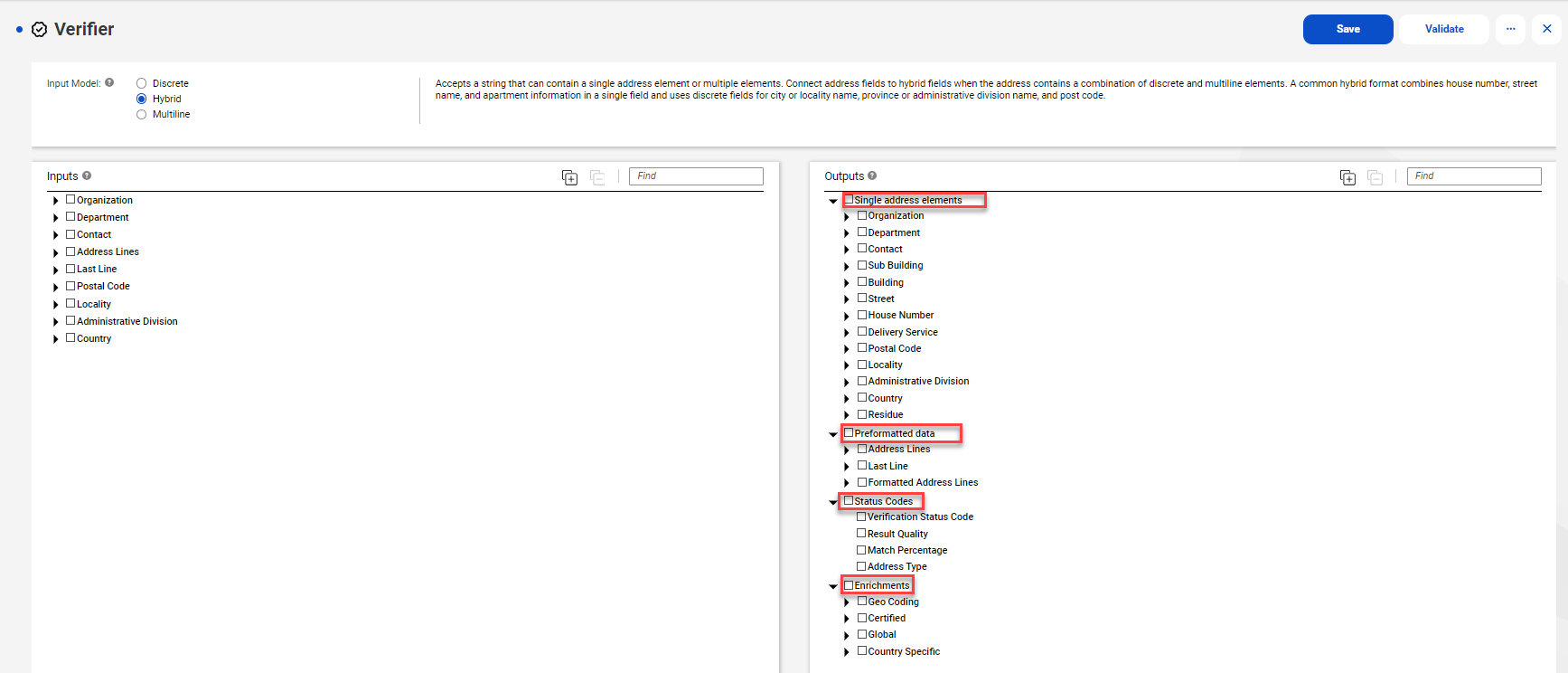 The image shows the Configuration tab of the verifier asset and highlights the four output field groups from which you can select fields for your output records.