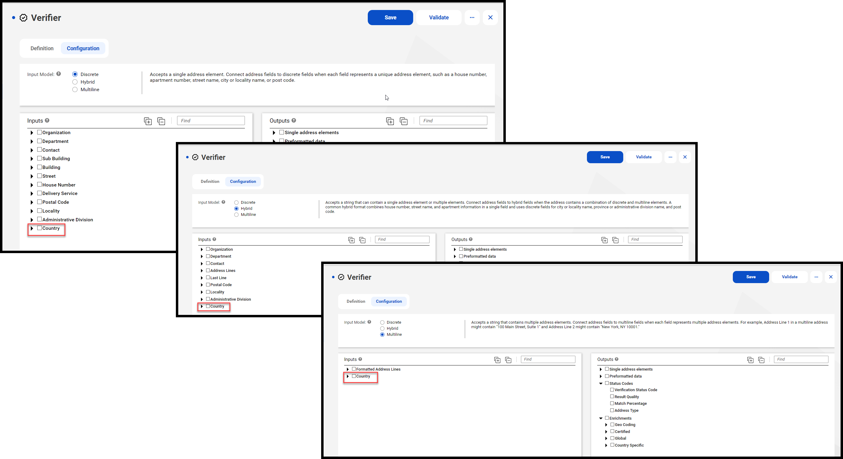 The image shows three overlapping views of the Configuration tab. The views display the input address fields in discrete, hybrid, and multiline input models.