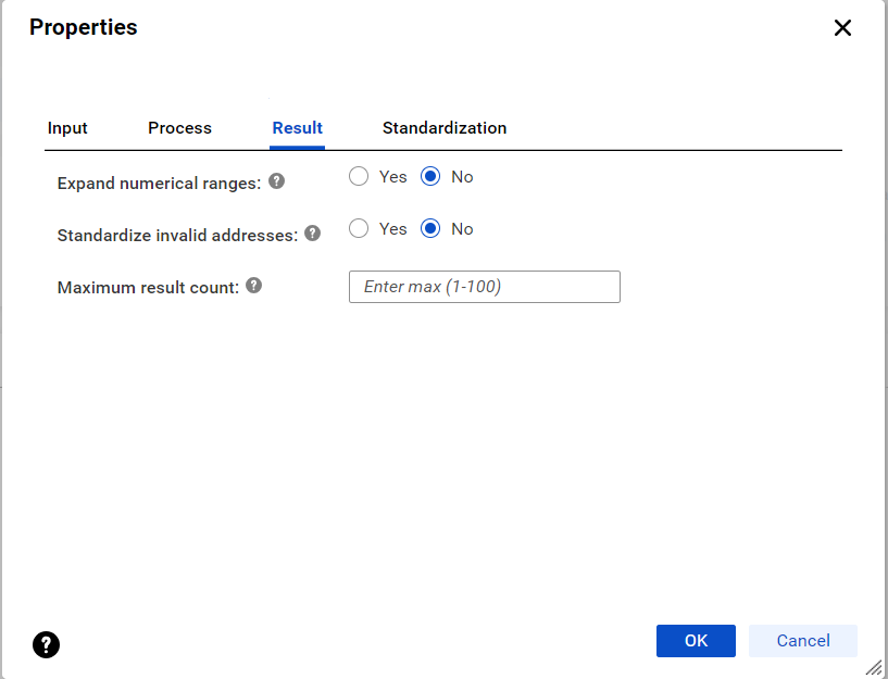 The Result tab properties are arranged vertically. In some cases, you choose a property value from a menu. In other cases, you select a property value from a set of options on the tab.