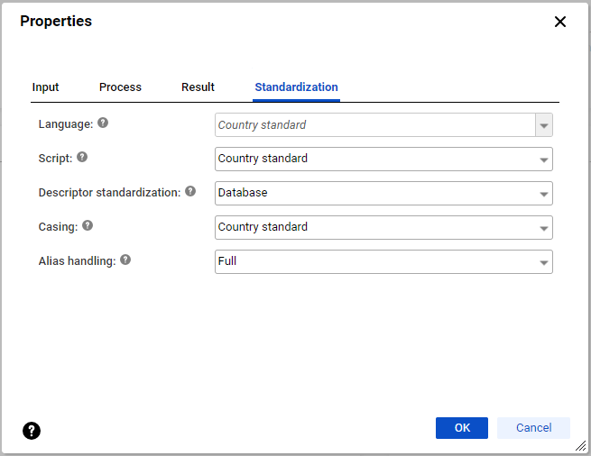 The Standardization tab properties are arranged vertically.