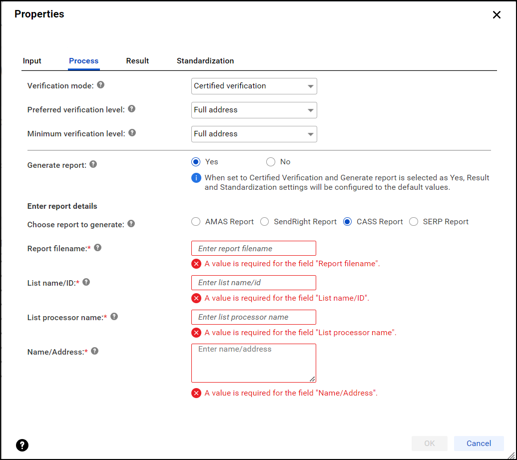 The image shows the CASS report fields.
