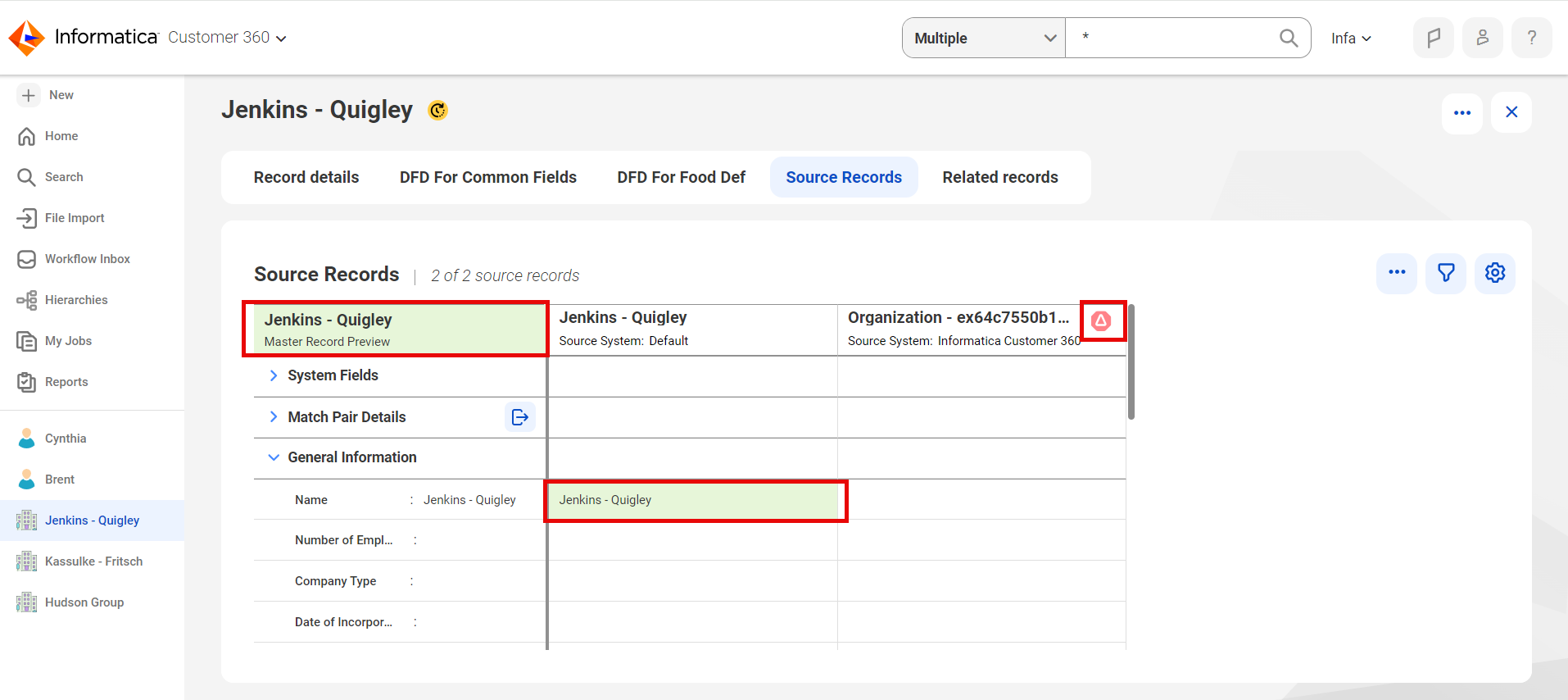 The Source Records page now shows a green highlight on the master record column header and the patch record is indicated with a new icon.