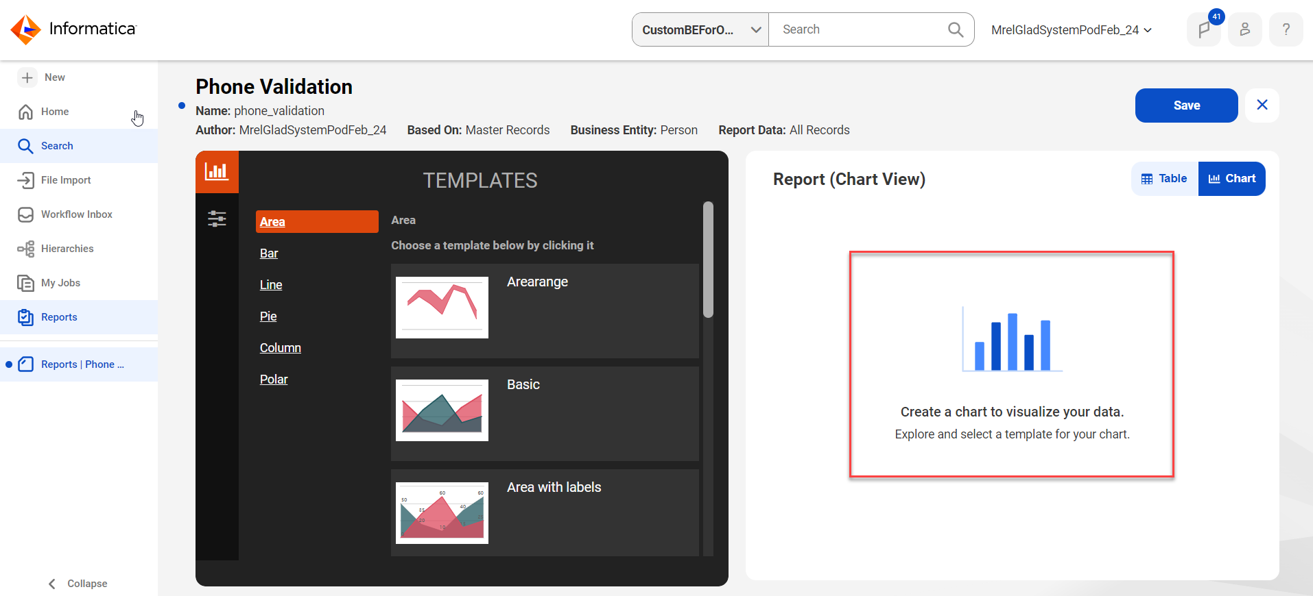 The image displays a Phone Validation report chart view page to create a chart.