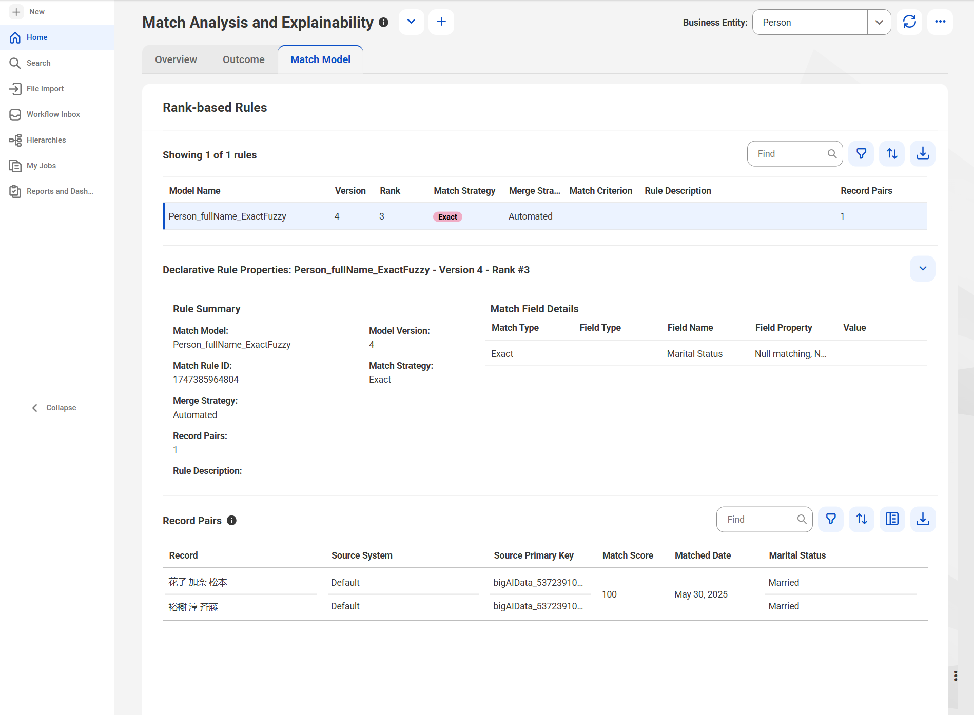 The Match Analysis and Explainability dashboard displays the rules, properties, and the record pairs generated.