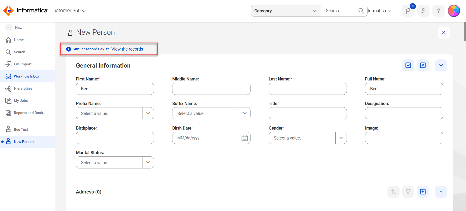 The New Person page shows a message before the General Information section indicating that similar records exist, with a link to view the records.
