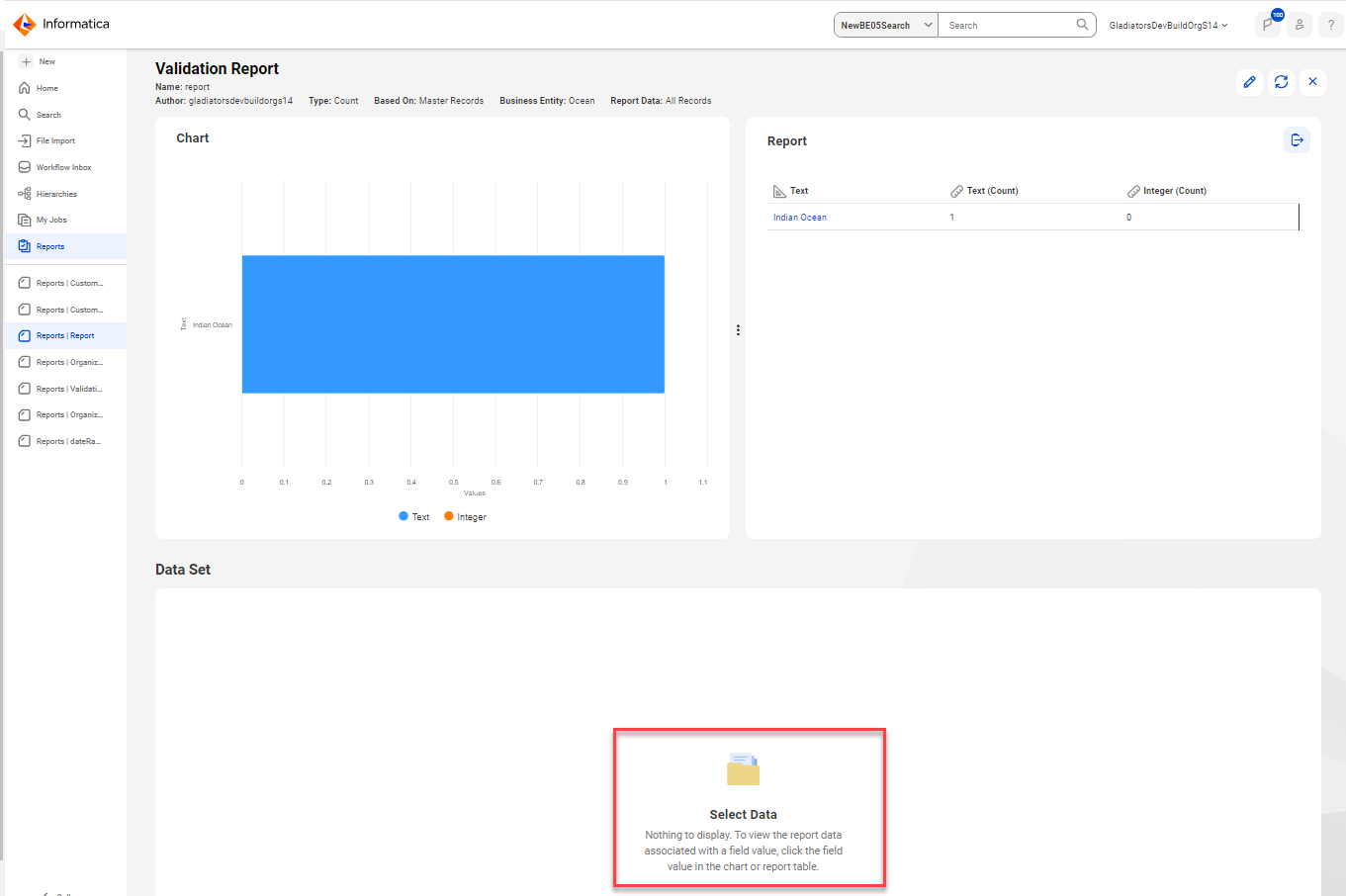 The image displays a Validation Report report with an empty data set panel.