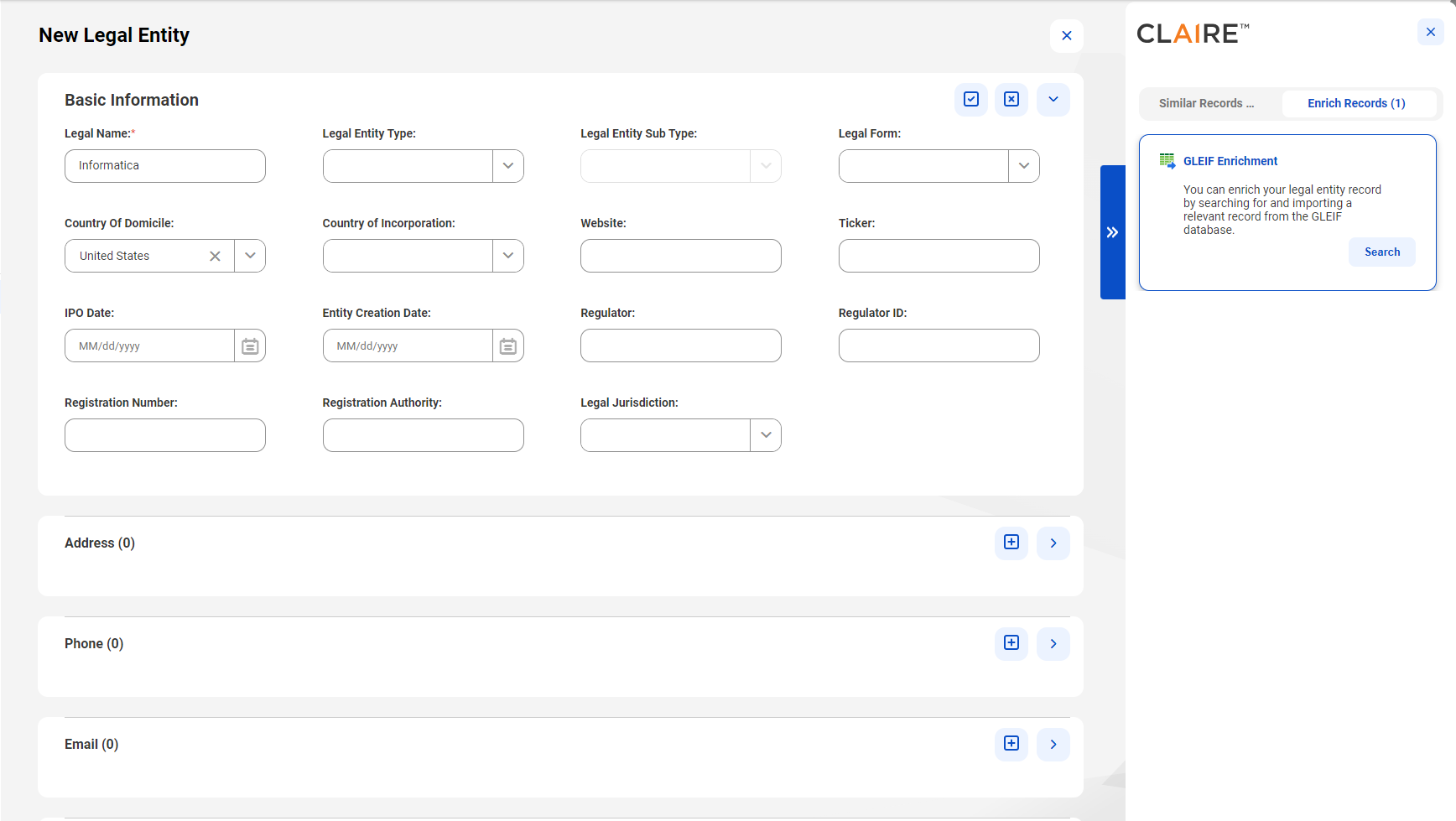 A form to create a record of the legal entity named Informatica. The CLAIRE panel displays an enrichment card with the Search button on the Enrich Records tab because the Legal Name and Country of Domicile fields contain the values, Informatica and United States respectively.