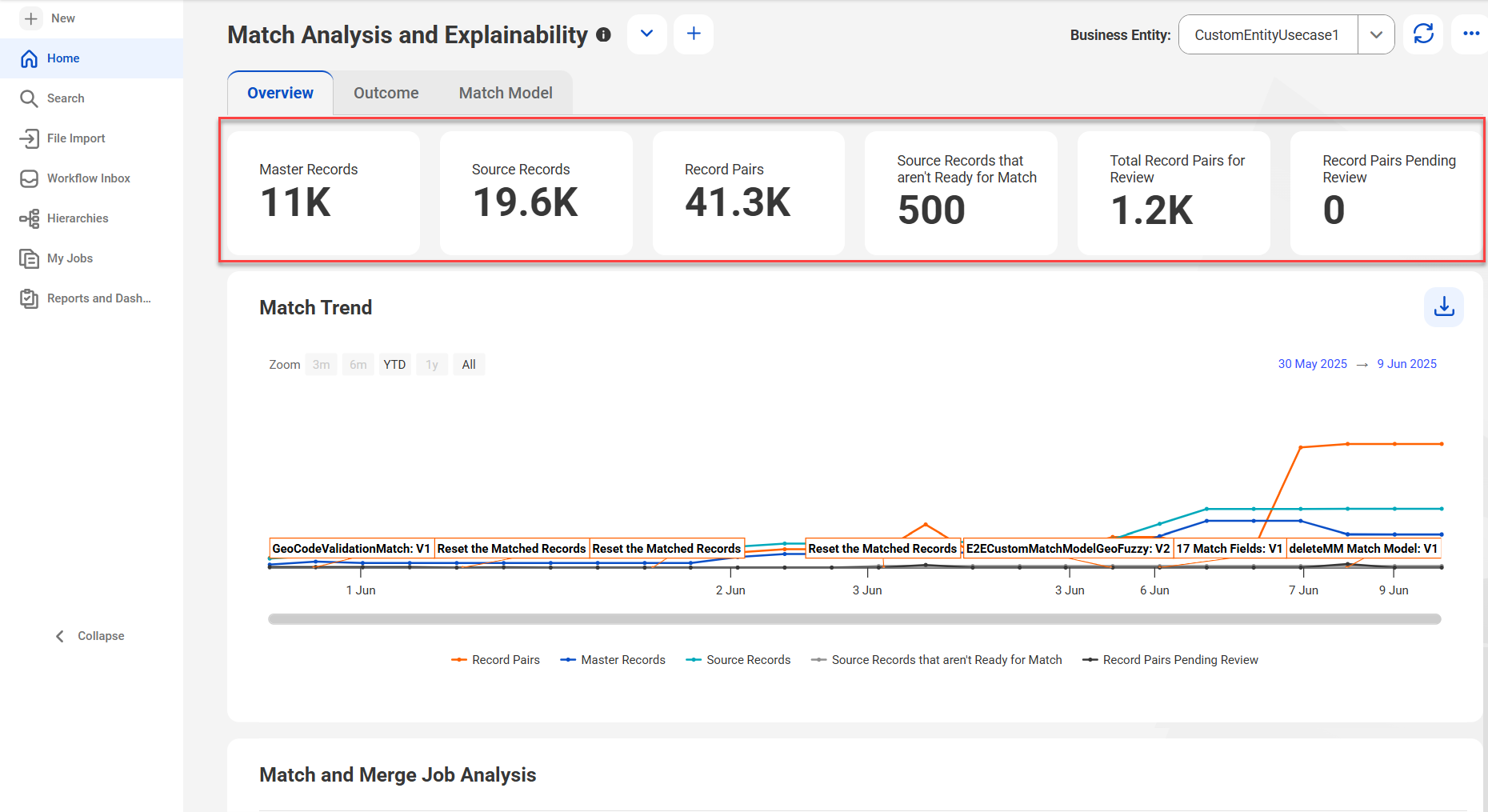 The Key Metrics section shows the total count of master records, source records, record pairs, source records that are not ready for match, total record pairs for review, and record pairs pending review.