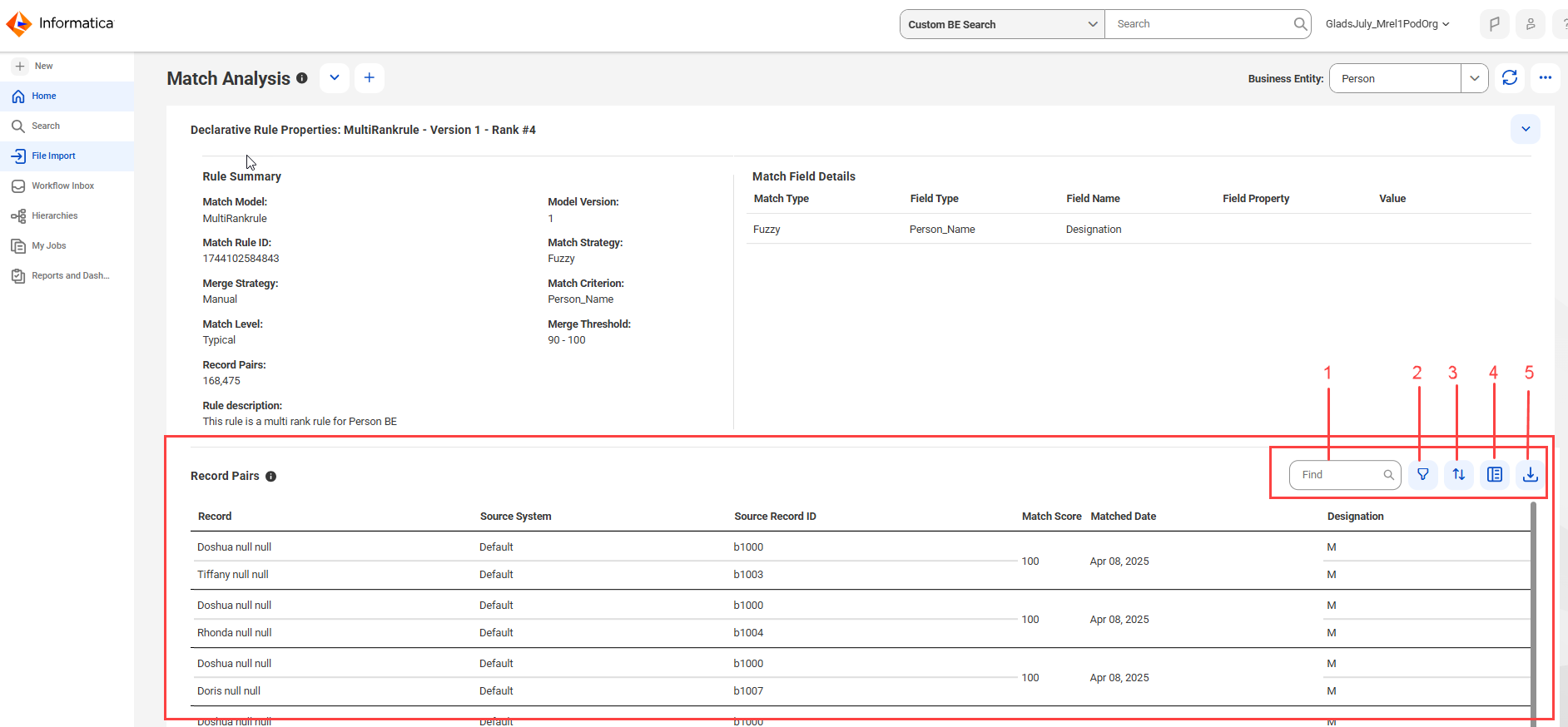 The Match Analysis and Explainability dashboard displays the record pair details of the selected declarative rule and the options such as find, filter, sort, show additional details, and export are highlighted. .