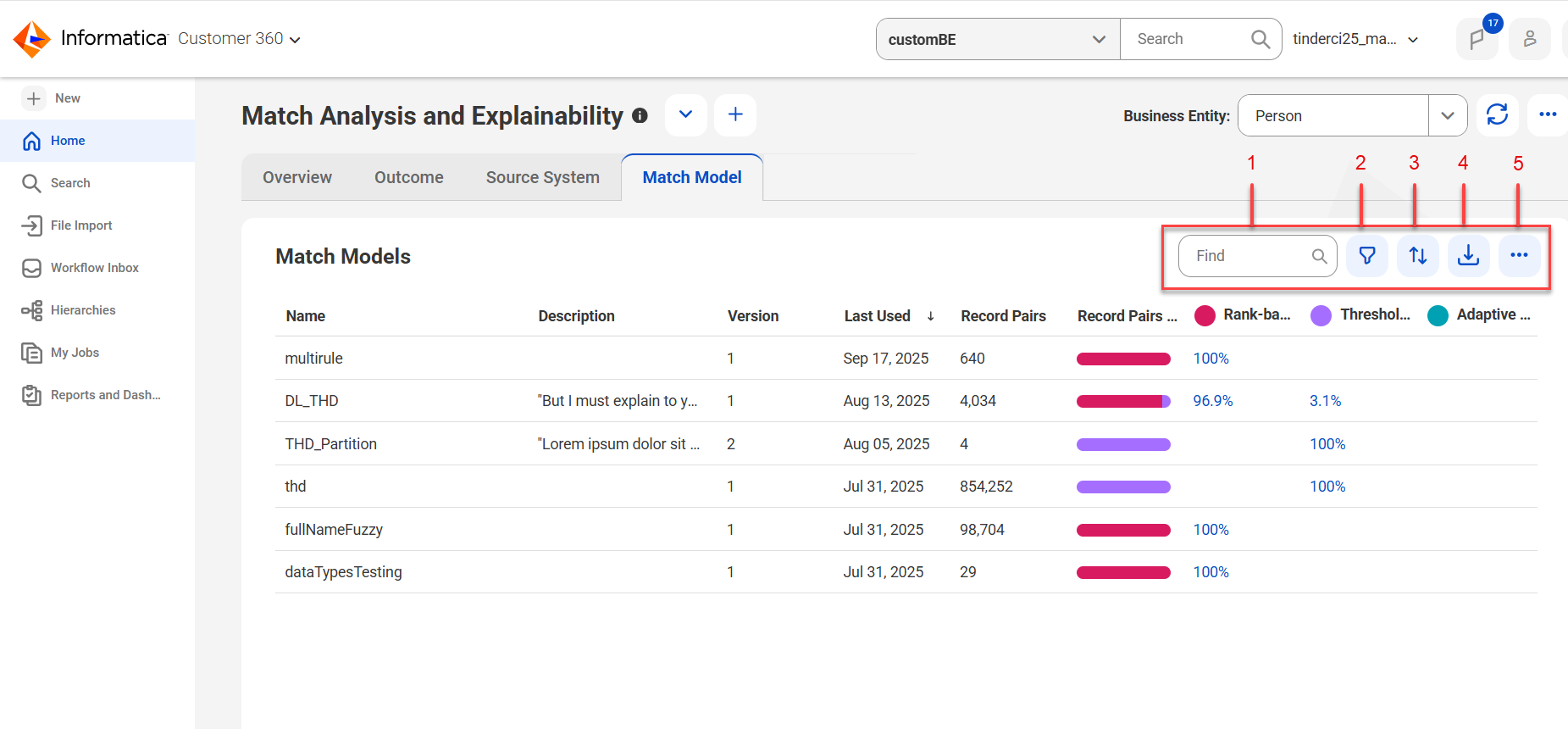 The Match Model tab of the Match Analysis and Explainability dashboard shows a table that lists match models with their name, description, version, and record pairs. It also shows the percentage of record pairs based on rank-based Directed AI match rules, threshold-based Directed AI match rules, and Adaptive AI match models.
