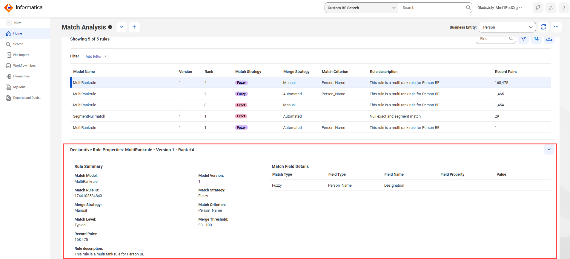 The Match Analysis and Explainability dashboard displays the rule summary and match field details of a declarative rule.