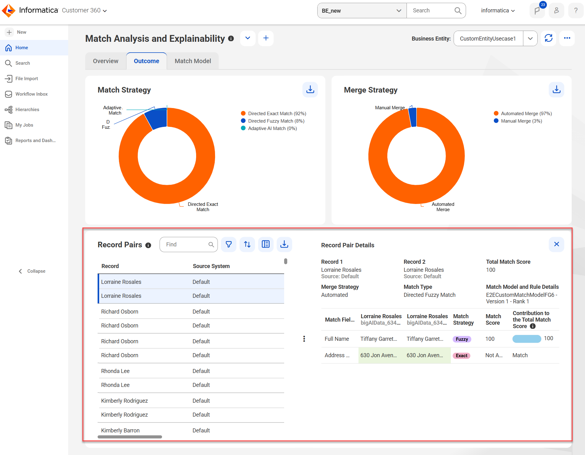 The Record Pairs Details section shows additional details, such as the match fields for the record pairs, match score for the fuzzy match strategy, and the match status for the exact match strategy.