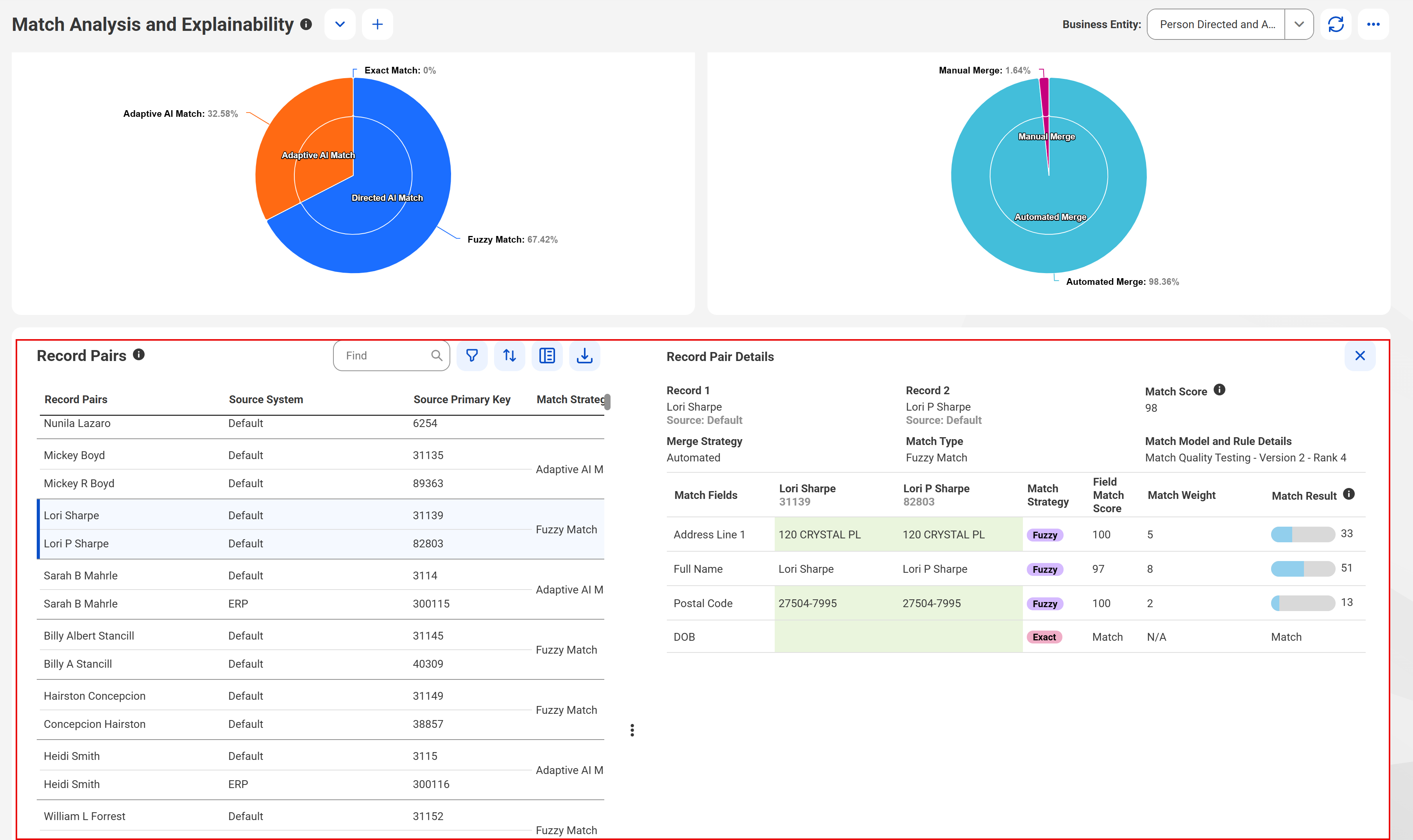 The Record Pairs Details section shows additional details, such as the match fields for the record pairs, match score for the fuzzy match strategy, and the match status for the exact match strategy.