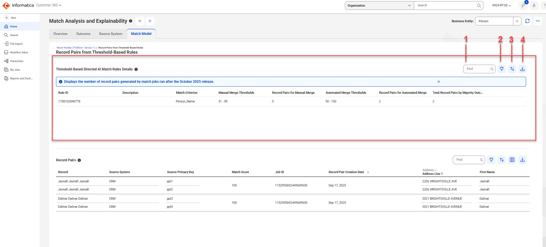 The threshold-based AI match rules section displays the AI rules that matched and options, such as find, filter, sort, and export data are highlighted.