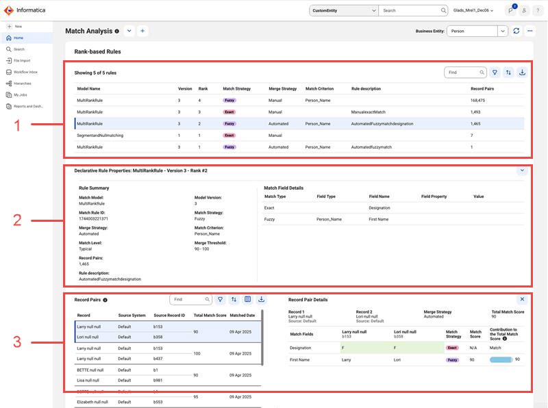 The image highlights the rules section, the properties section, and the record pairs section.