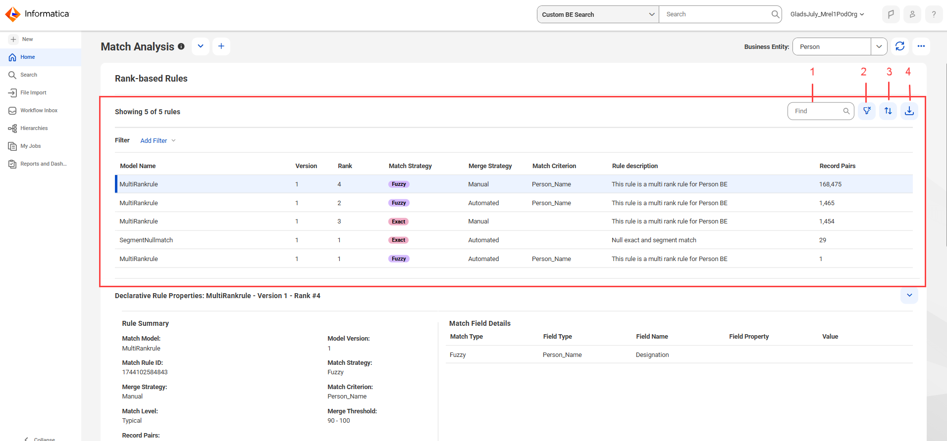 The Match Analysis and Explainability dashboard displays rank-based declarative rules and the options such as find, filter, sort, and export are highlighted.