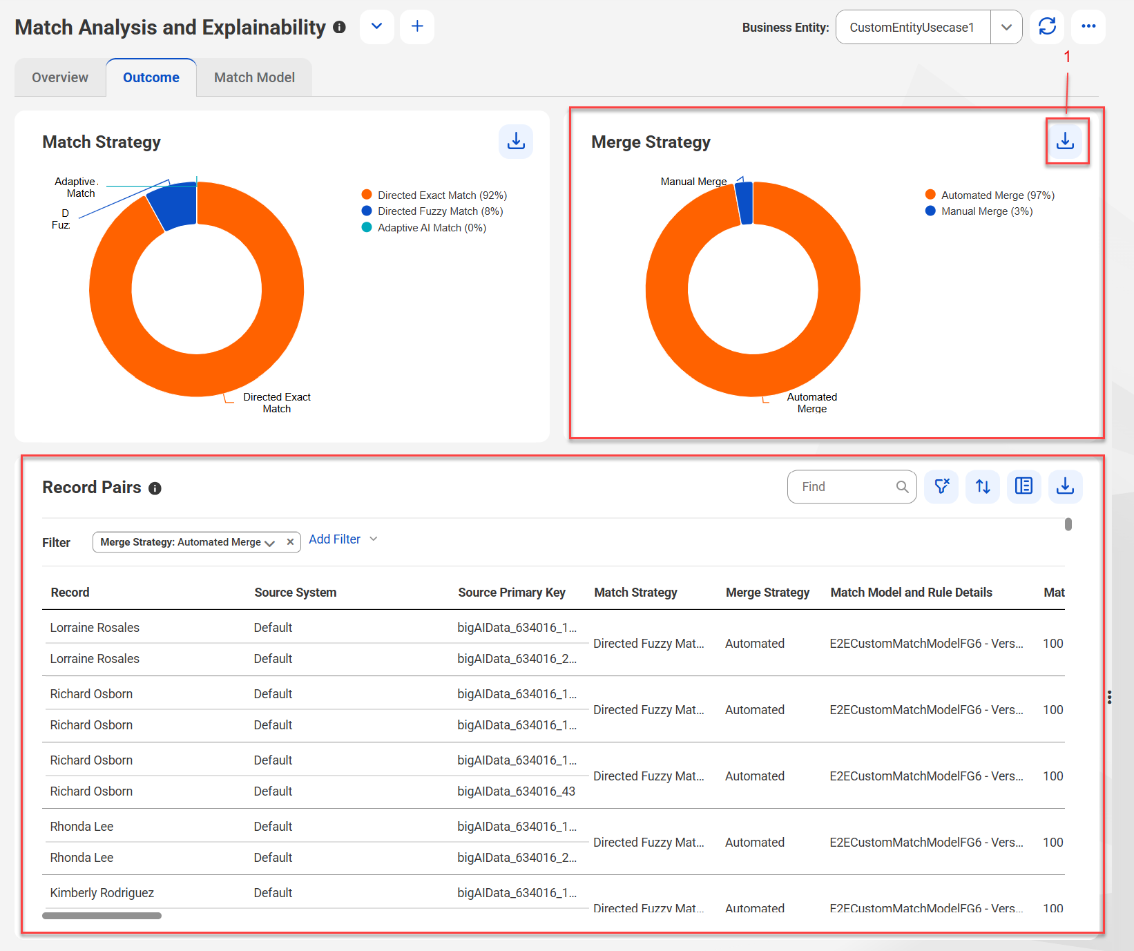 The Merge Strategy section shows a pie chart that displays the percentage of record pairs matched for automated and manual merge. The Record Pairs section shows the matched record pairs generated based on the automated merge strategy.