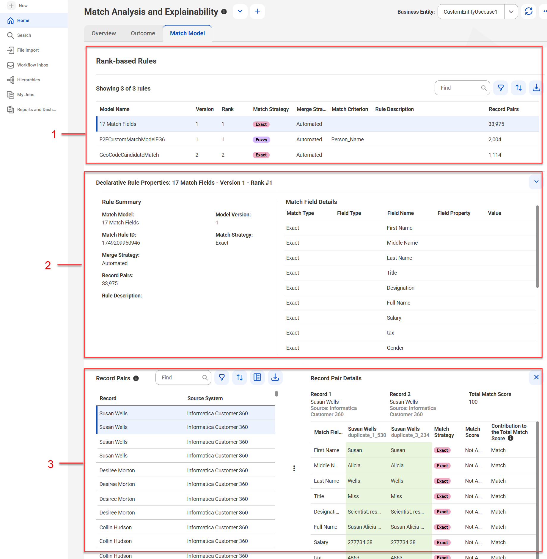 The Match Model tab highlights the rules section, the properties section, and the record pairs section.
