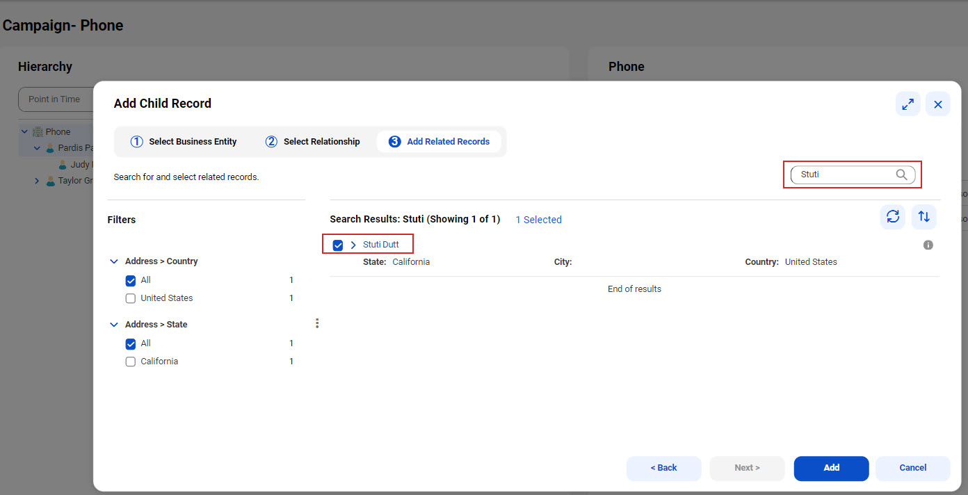 The Add Child Record wizard has Stuti Dutt selected as the related record.